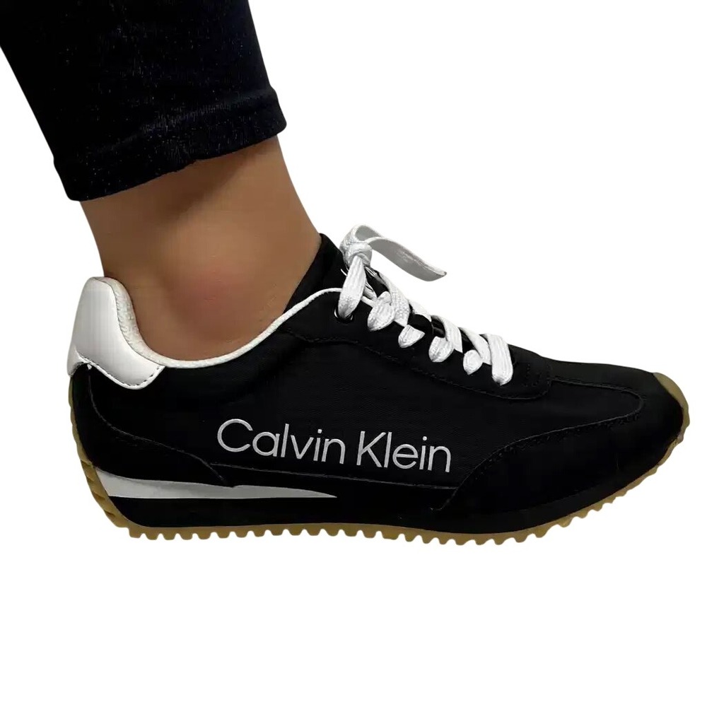 Calvin Klein Womens Black Nylon Suede Logo Lace Up Sneakers Size 7.5M NWOB